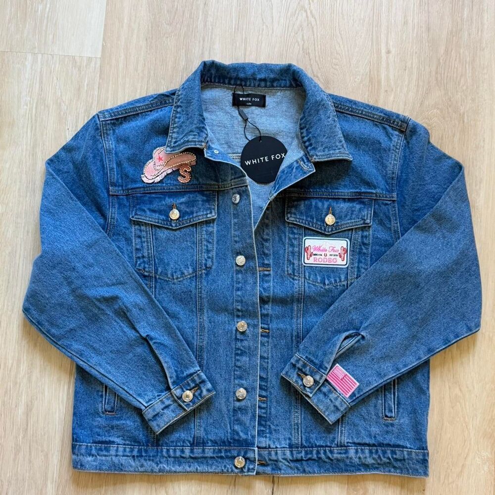 NWT White Fox Boutique "Adriana" Rodeo Patched Denim Jacket S/M